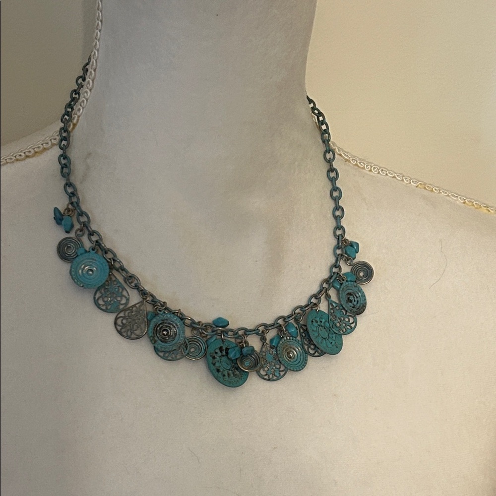 Turquoise Patina Boho Charm Necklace | Southwestern Statement Jewelry